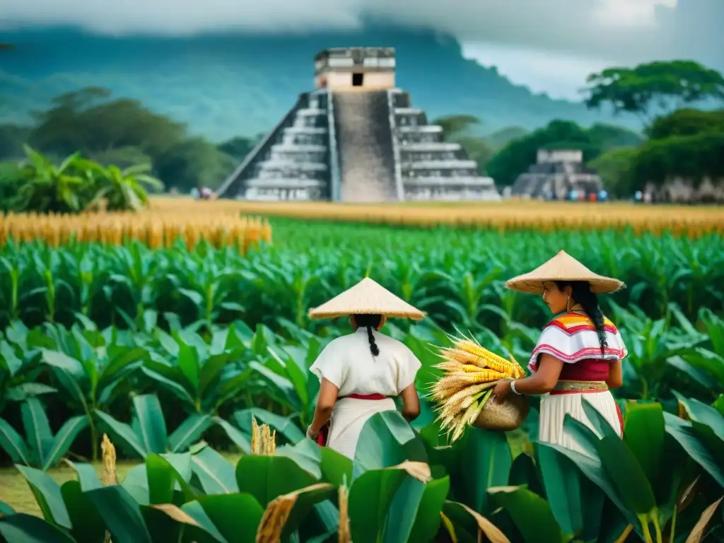 Familia maya tradicional cosechando maíz en campo tropical con ruinas mayas al fondo