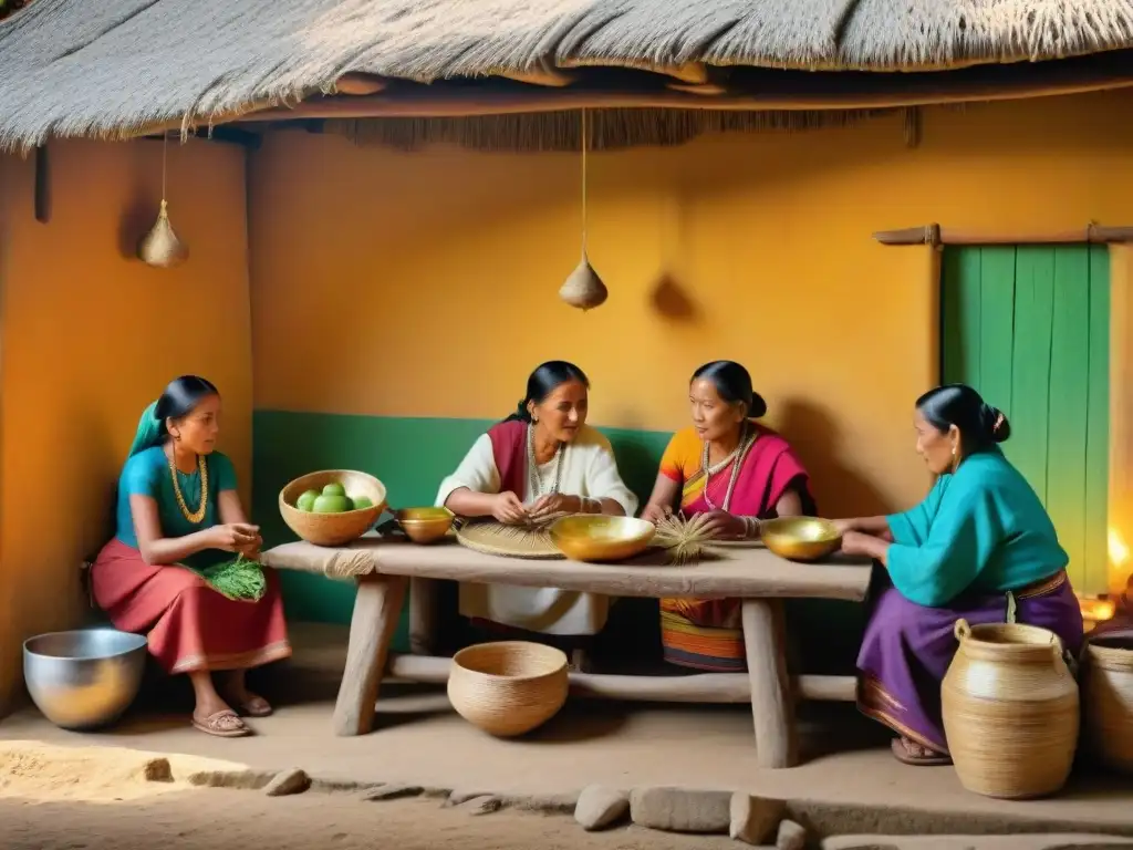 Una familia maya tradicional tejiendo, cocinando y cuidando cultivos en su hogar de paja al atardecer