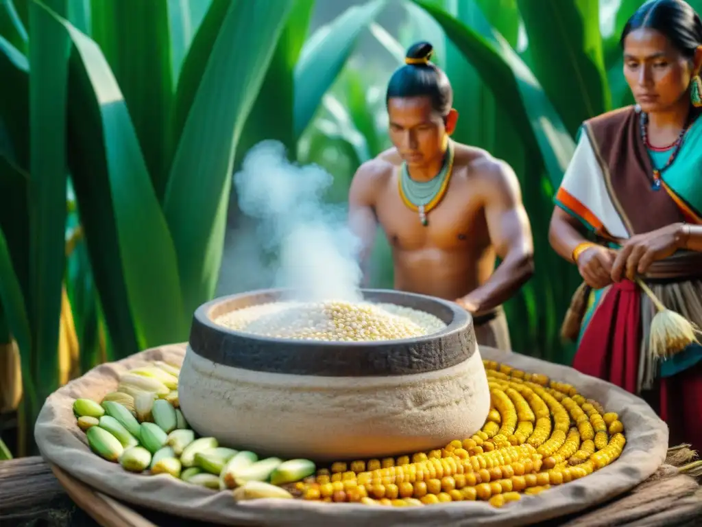 Una familia maya tradicional transforma maíz en dieta maya en una escena detallada y colorida en un campo de maíz exuberante