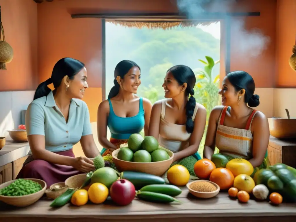 Una familia maya tradicional disfruta de una dieta saludable con frutas, verduras y granos, en una cocina rústica