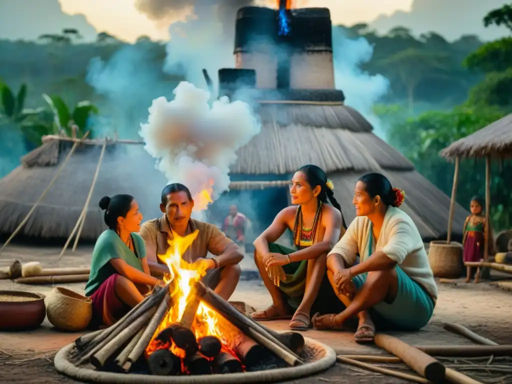 Una familia maya tradicional se reúne alrededor de una fogata, usando biomasa para cocinar y calentarse en la selva