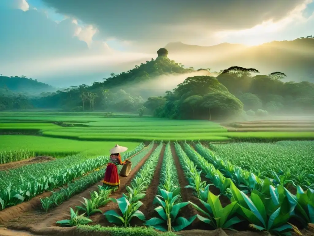 Una familia maya tradicional trabaja en una milpa al atardecer, destacando la conservación del agua