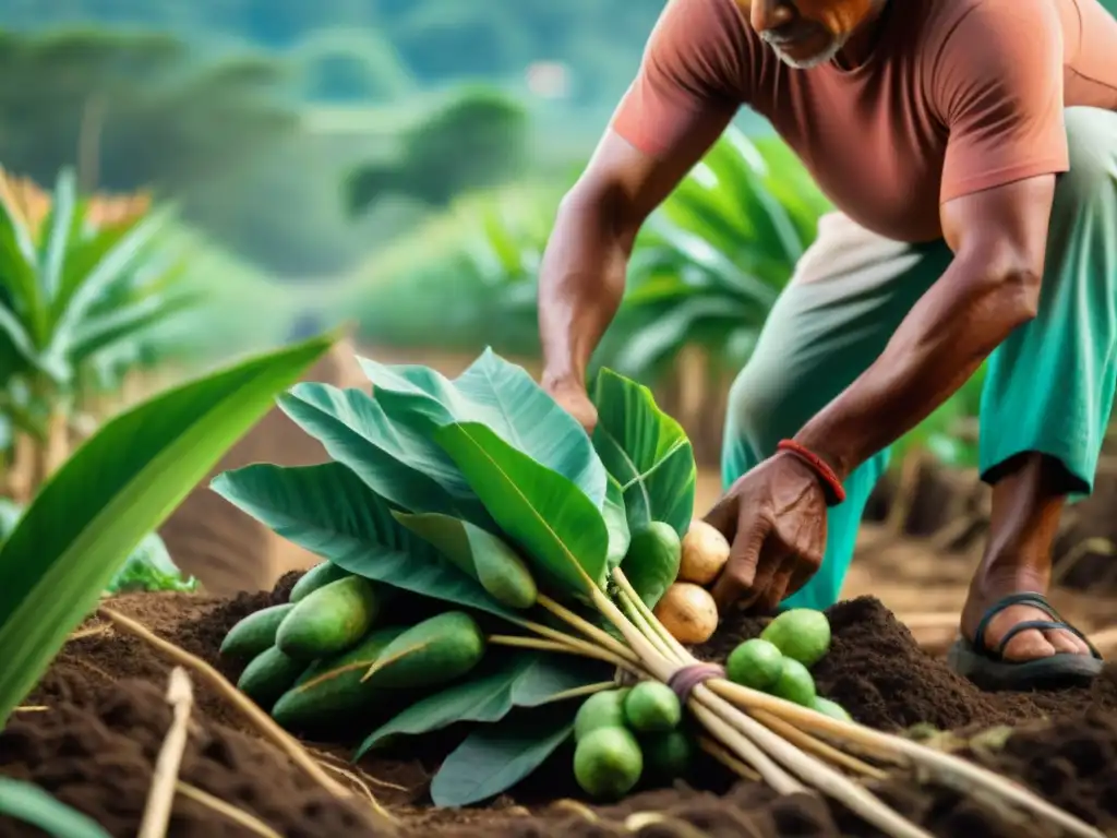 Un Mayan farmer cosechando yuca y camote bajo el sol, reflejando la dieta Maya y su conexión con la tierra