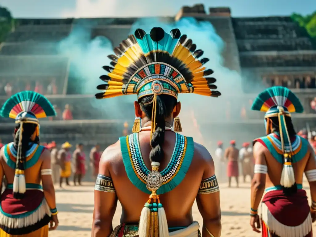 Fascinante audiencia del juego de pelota maya, con hechuras y joyas detalladas, observando el intenso partido en una cancha vibrante