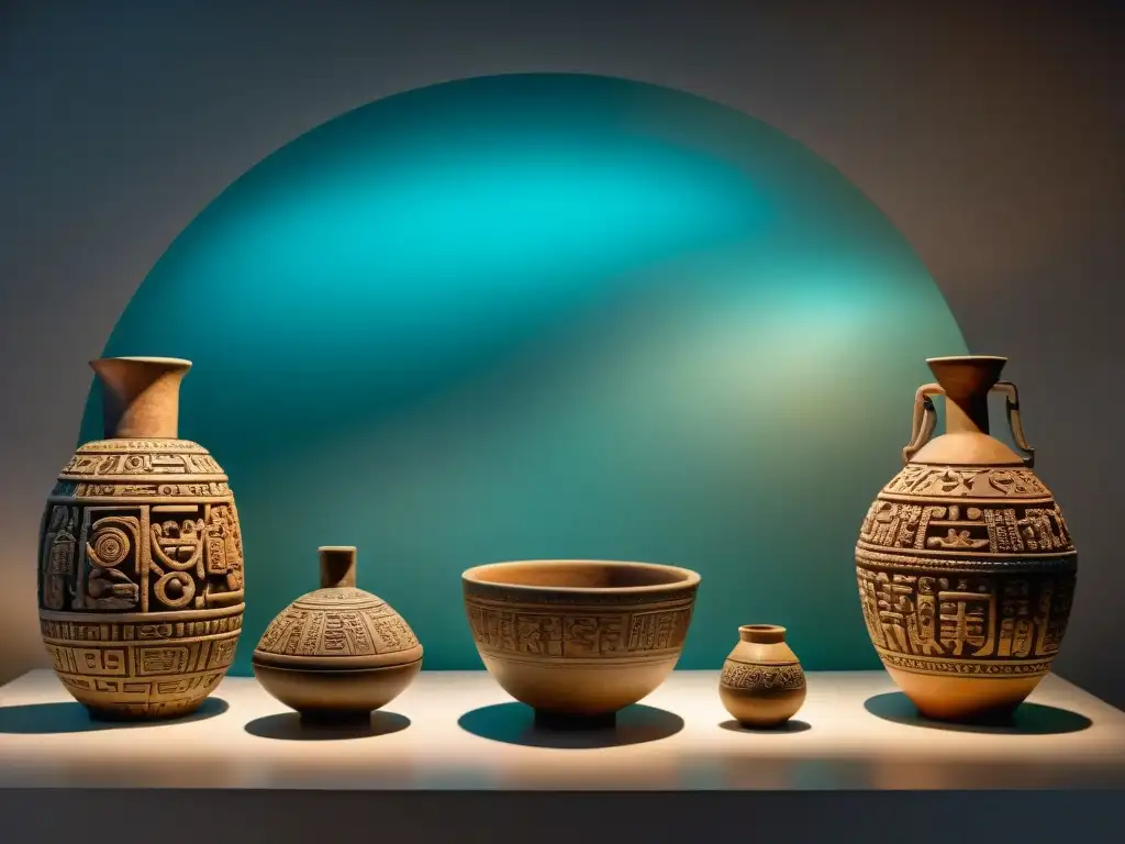 Una fascinante colección de arte maya delicadamente iluminada en una sala de exhibición, ideal para 'Consejos para coleccionar arte maya'