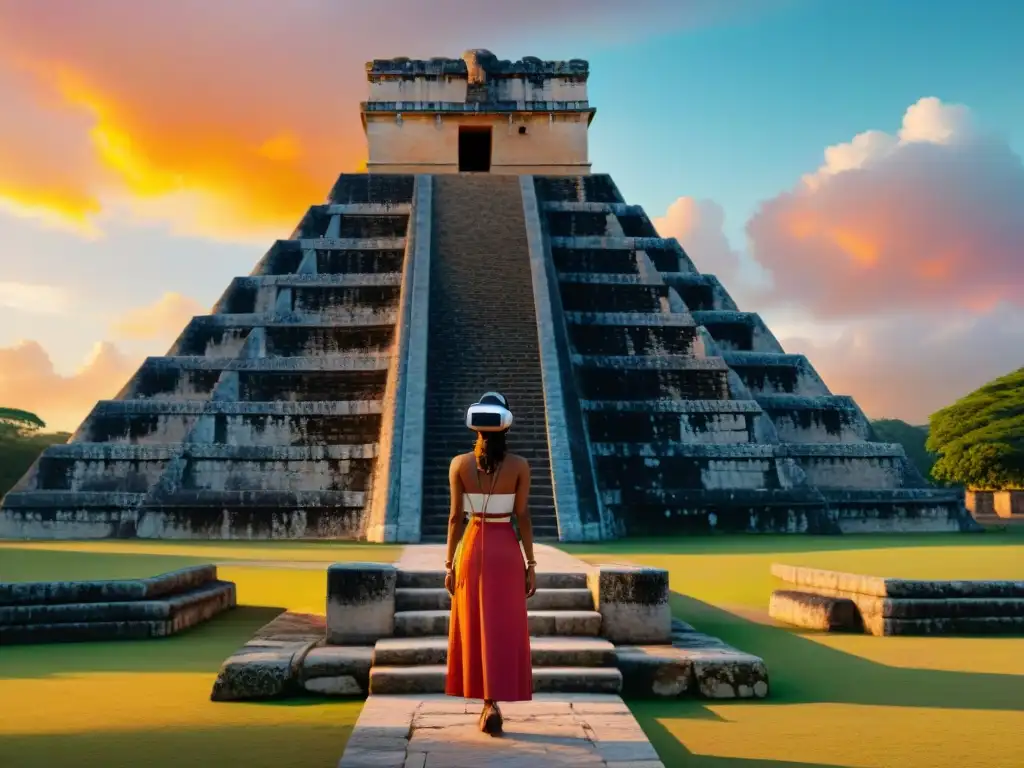 Fascinante fusión: Realidad virtual para explorar Chichén Itzá ante el Templo de Kukulcán al atardecer