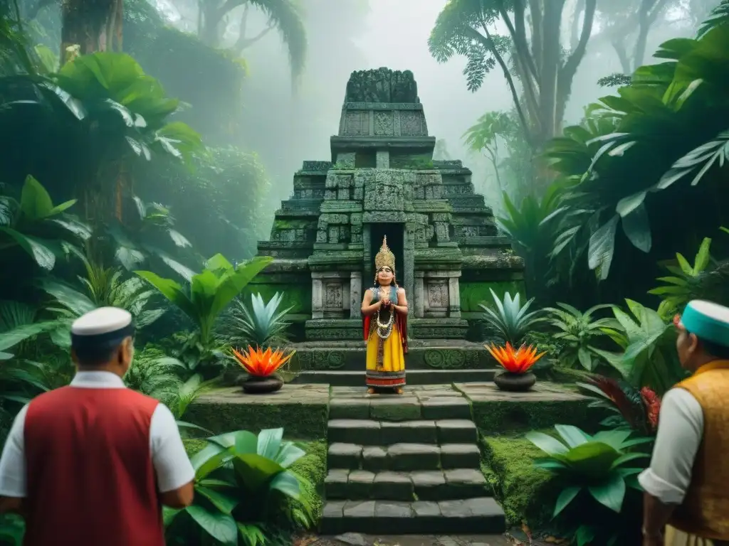 Fascinante ritual maya en la selva con estatuas y figuras rituales, significado ancestral