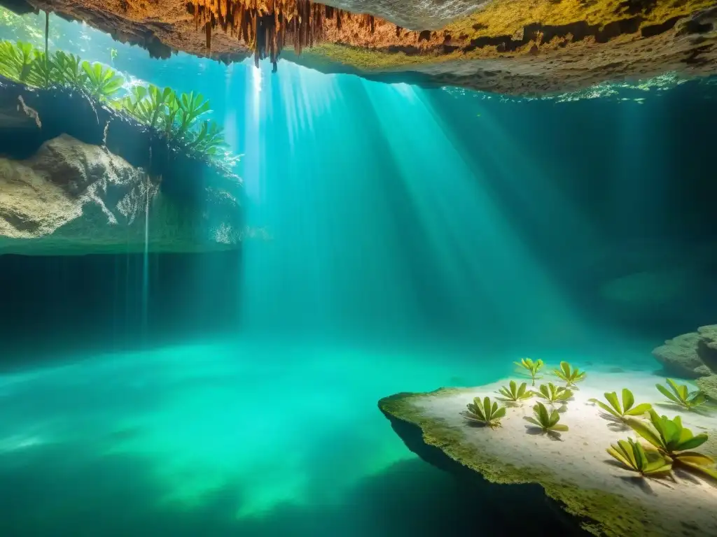 Fauna en mundo inframundo maya: Cenote misterioso en la selva yucateca, con peces ciegos y camarones transparentes iluminados por la luz del sol