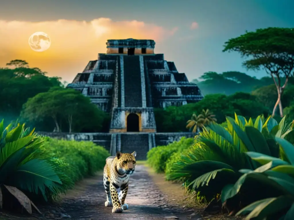 Fauna nocturna en la civilización maya: Jaguar acechando la selva iluminada por la luna