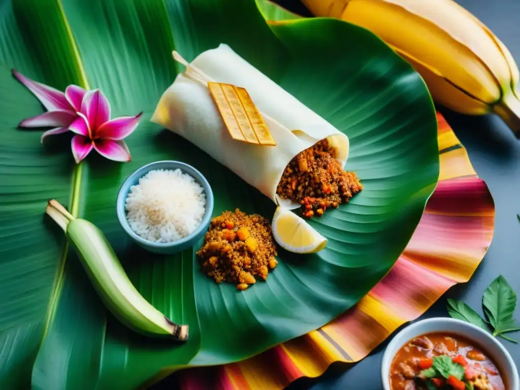 Banquete maya: colorida tradición culinaria en hoja de plátano Festín maya con platos inspirados en la dieta de los dioses mayas, rodeado de vegetación exuberante y cerámica maya