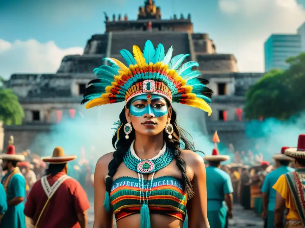 Festividad maya en la ciudad: ritual vibrante entre ruinas antiguas y rascacielos, fusionando tradición y modernidad