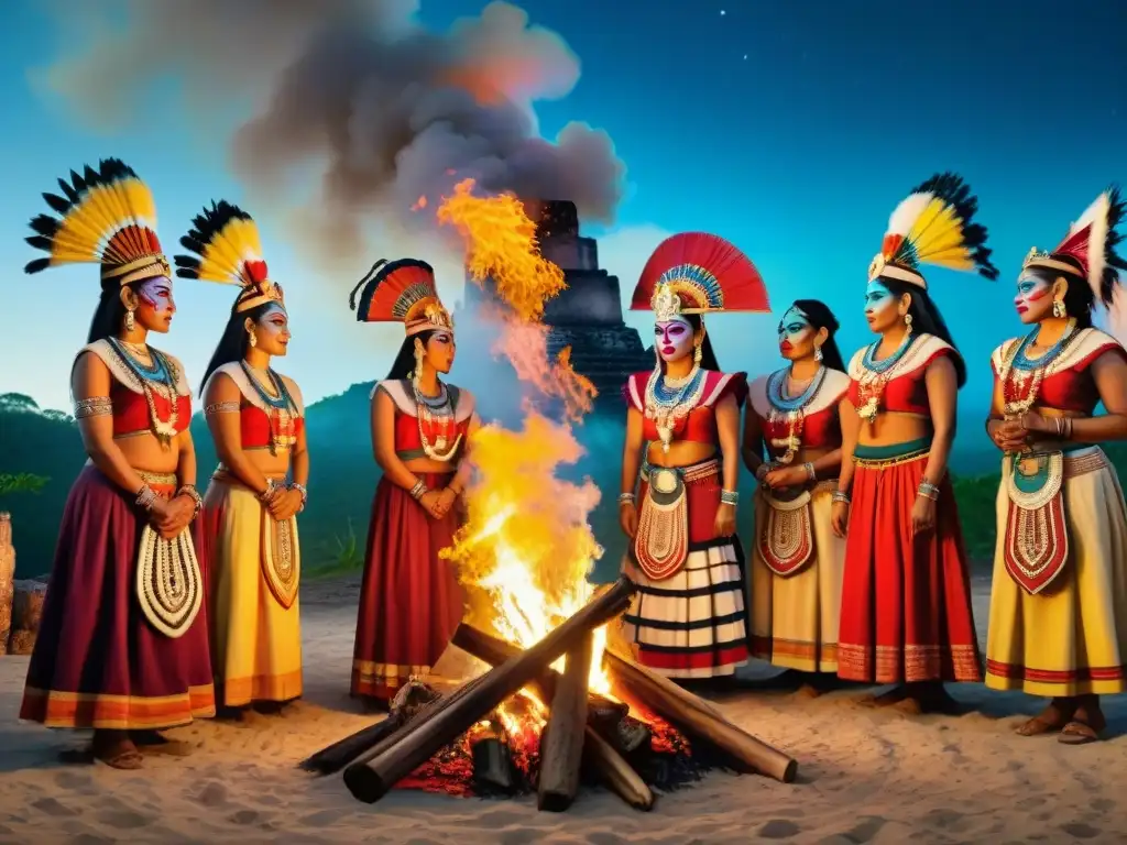 Festividades mayas contemporáneas celebraciones: Grupo de mayas modernos danzando alrededor de una fogata bajo el cielo estrellado