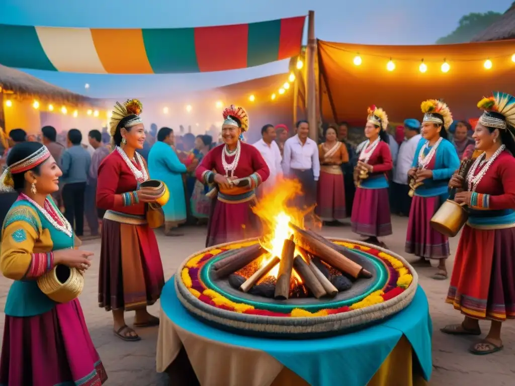 Fiestas y celebraciones en pinturas mayas: Detalle de festival maya vibrante con danzas, música y decoraciones coloridas