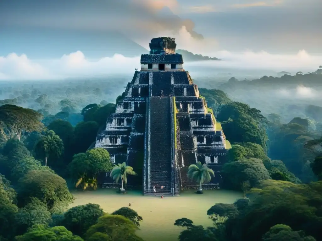 Figura solitaria en Tikal practicando rituales matutinos mayas bajo la energía cósmica