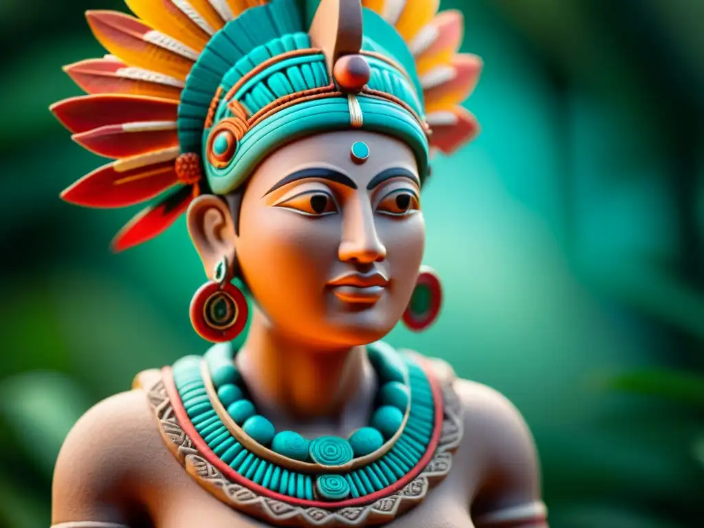 Figurilla maya de arcilla: detalle y significado cultural Figurilla maya detallada iluminada con luz natural que muestra ornamentos y creencias del más allá
