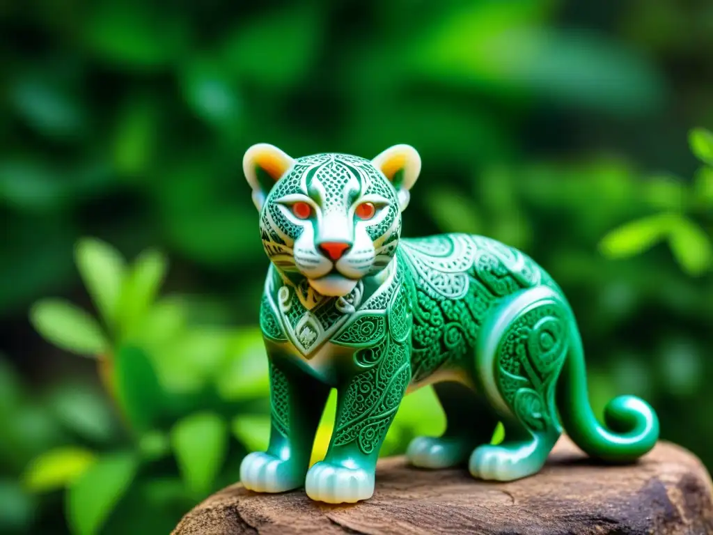 Figurilla de jaguar de jade con simbología maya en la selva - Significado jaguar mitología maya