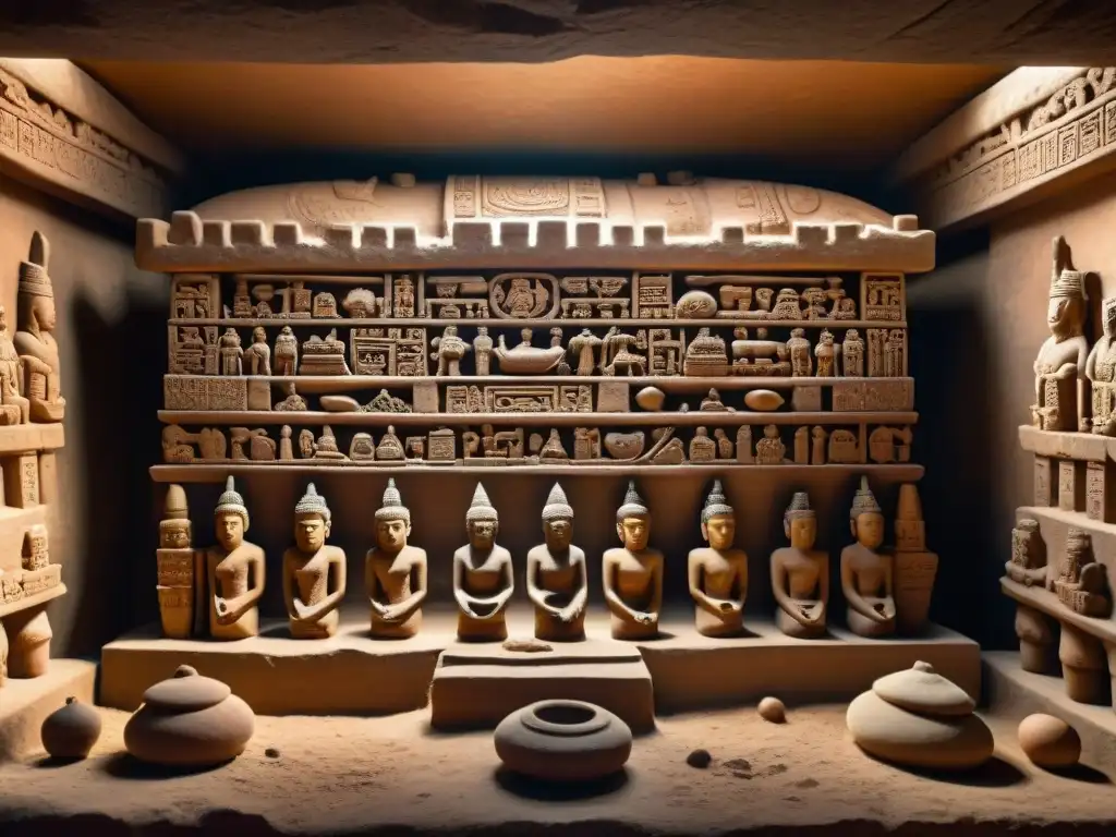 Guardianes de barro en cámara funeraria maya Figurillas mayas en el más allá: Detallada cámara funeraria con figuras de barro, deidades y criaturas míticas, iluminadas por luz suave