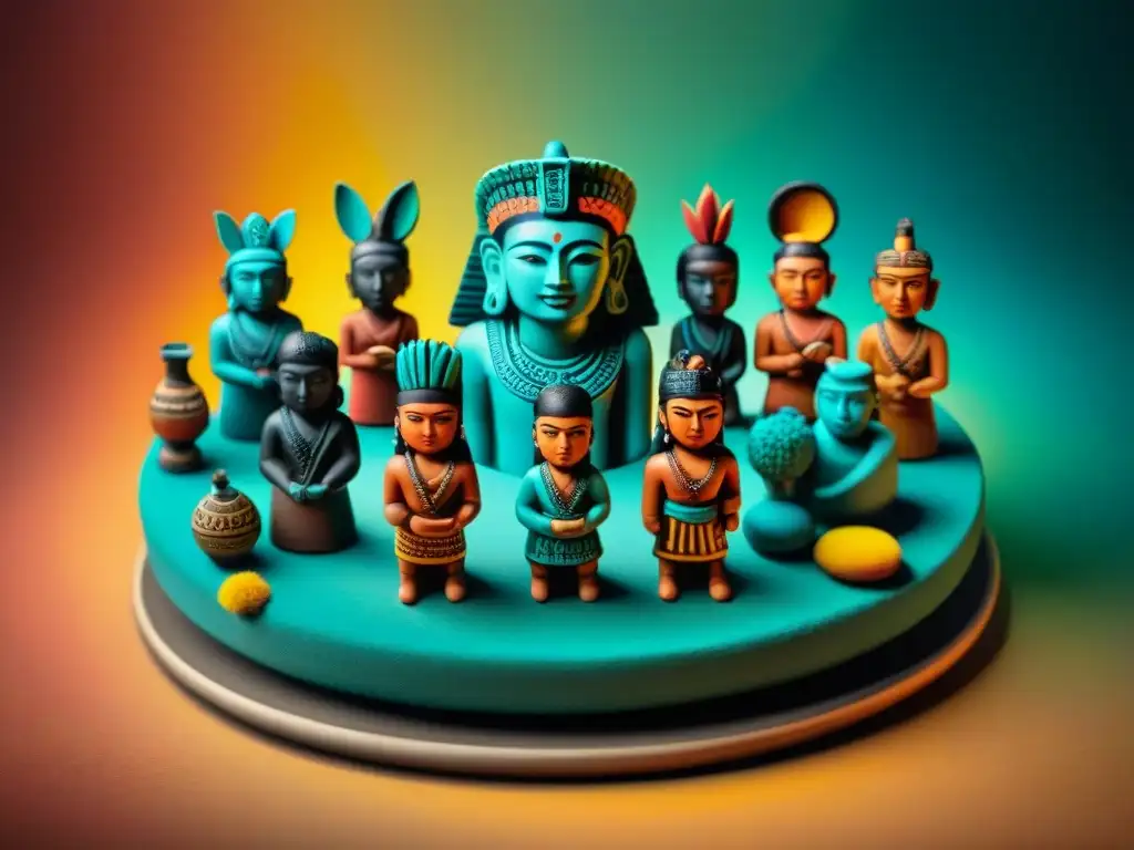 Figurillas mayas en círculo: deidades y misterio Figurillas mayas en el más allá: Intrincadas y coloridas deidades y figuras míticas en círculo ceremonial