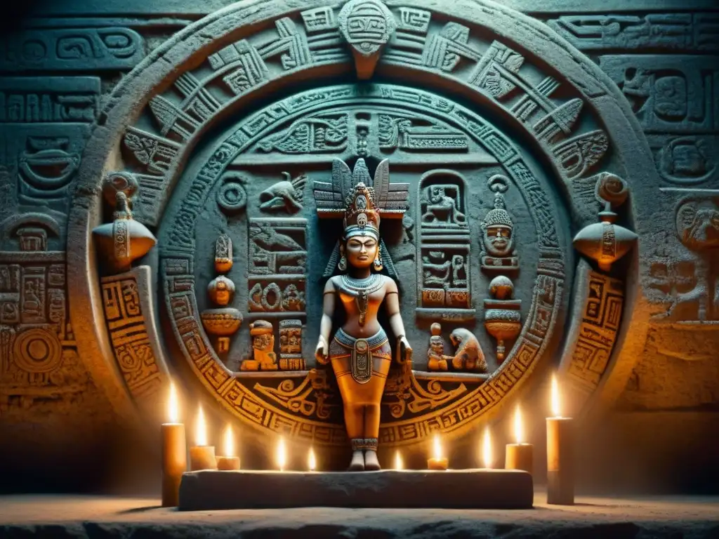 Figurillas mayas: guardianes y espíritus en misteriosa escena Figurillas mayas en el más allá: Colección de detalladas figuras de barro en un círculo iluminadas por velas en piedra antigua