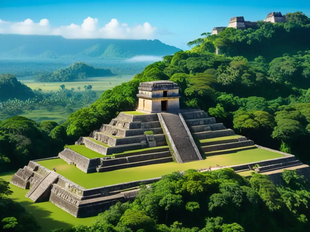 Fortaleza maya con detalladas fortificaciones defensivas estratégicas, rodeada de exuberante vegetación y cielo azul