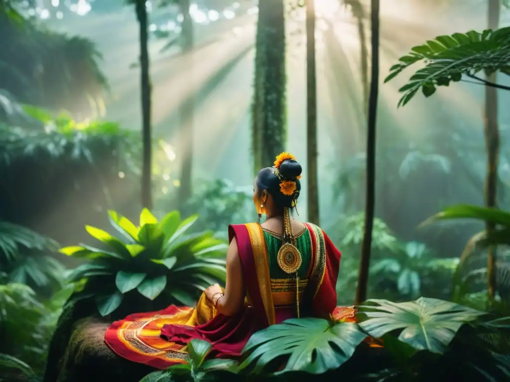 Una foto detallada de un ritual espiritual maya en la selva, con colores vibrantes y conexión divina con la naturaleza