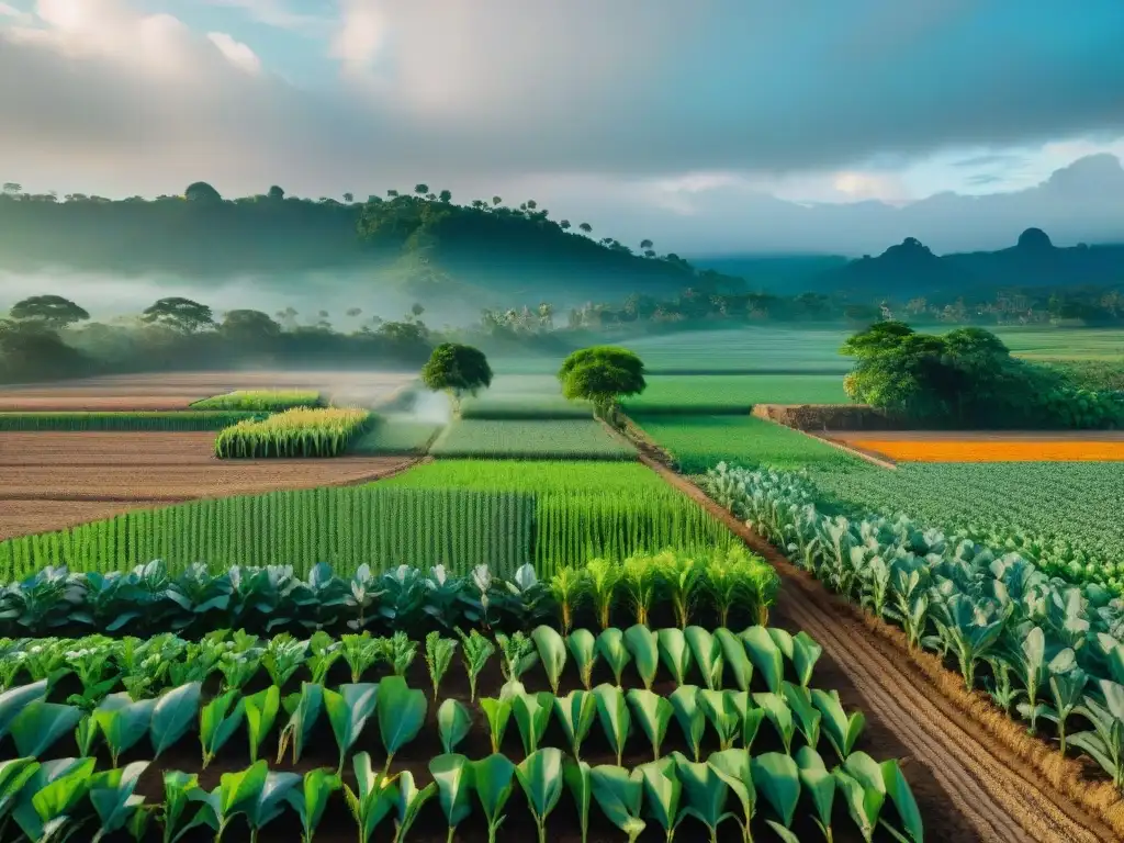 Una fusión armoniosa de técnicas agrícolas mayas sostenibles y modernas en un campo vibrante