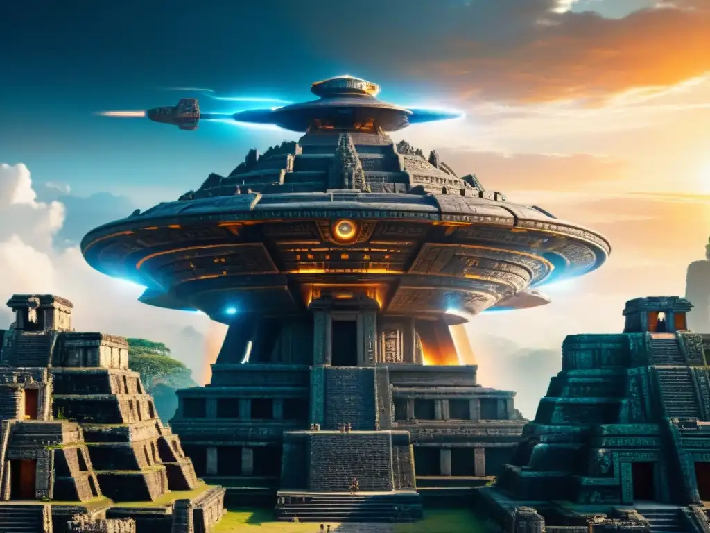 Futurista nave surca cielo sobre ruinas mayas al atardecer, fusionando mitología y cine