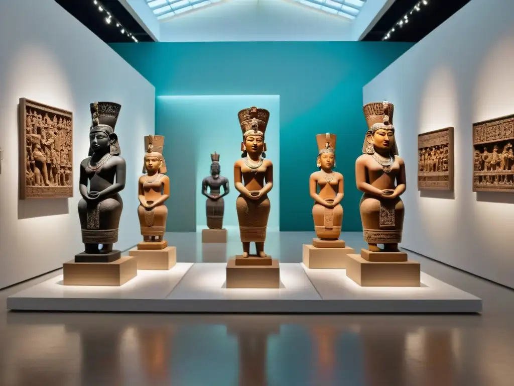 Exposición de figuras de arcilla mayas: fusión de tradición y arte moderno Una galería de arte moderno con figurillas mayas en el más allá, iluminadas con detalle y admiración