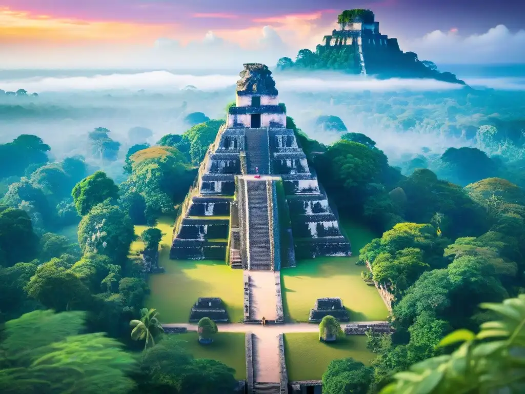 Los gemelos heroicos mayas observan el atardecer desde el majestuoso Templo I de Tikal