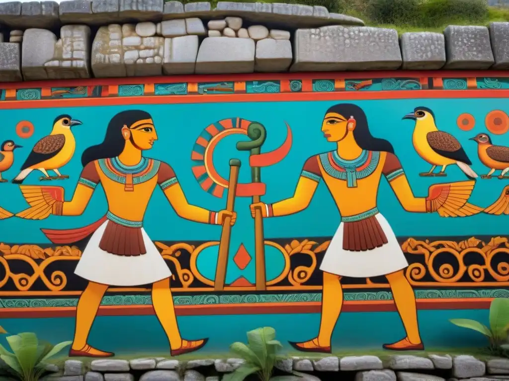 Los gemelos heroicos mayas luchan contra criaturas mitológicas en un vibrante mural Maya