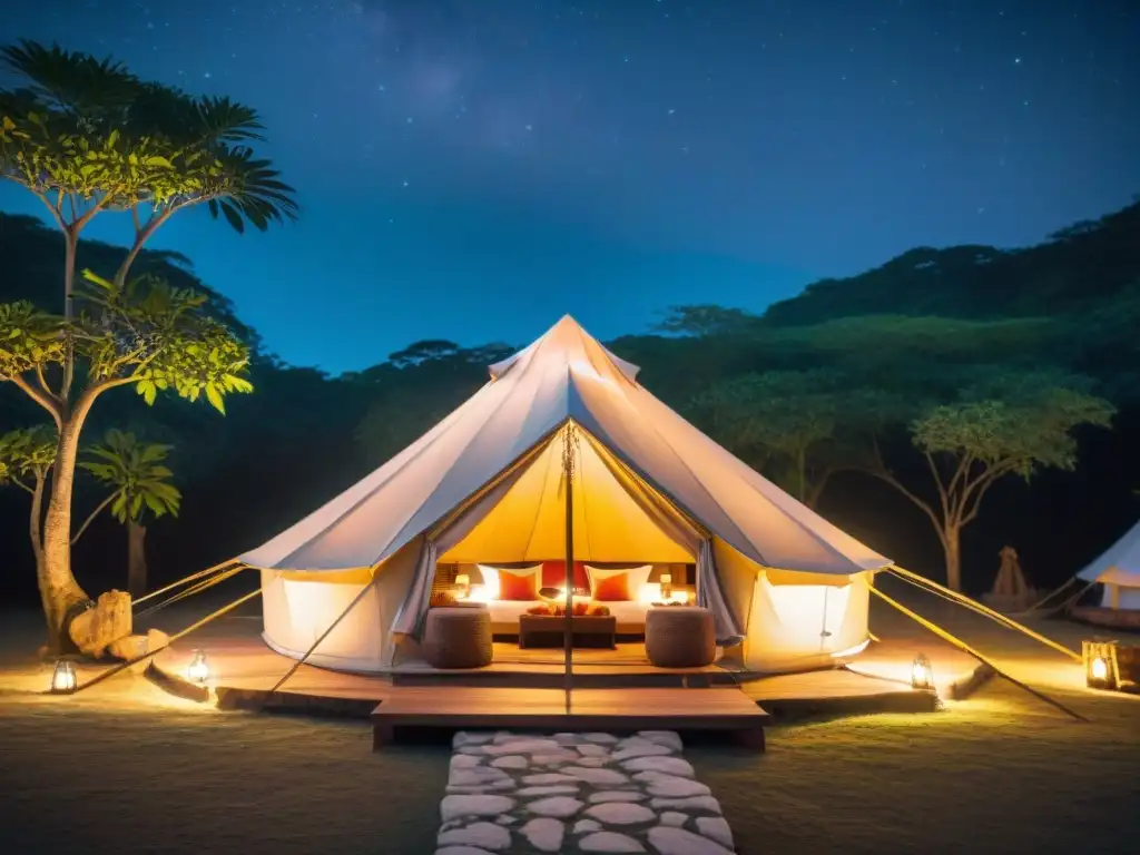 Glamping en zonas arqueológicas mayas: tienda de lujo en la selva con ruinas antiguas iluminadas en la noche estrellada