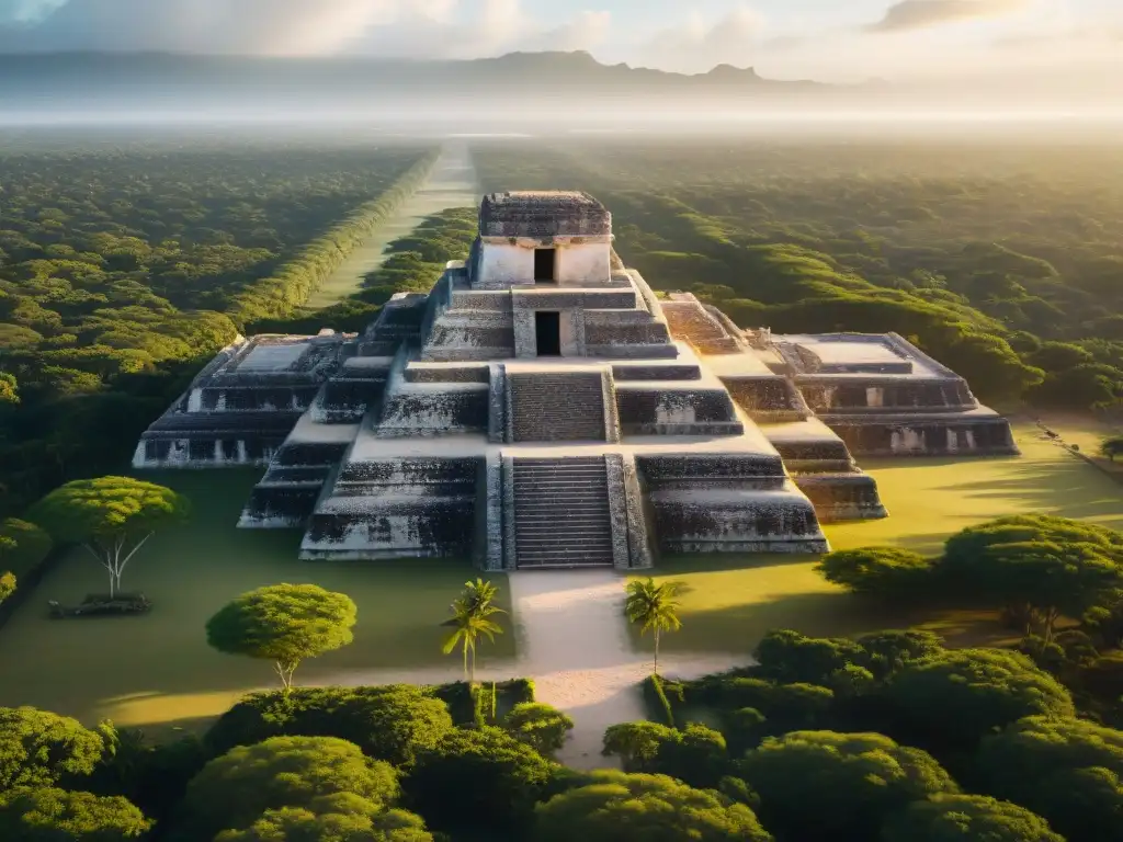 Descubre la grandiosa metrópolis maya recién descubierta en La Blanca, con sus templos y pirámides, en una vista aérea al amanecer