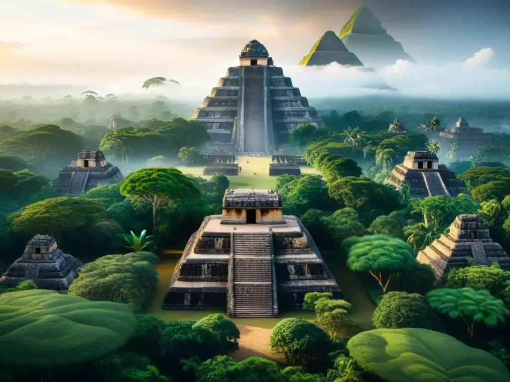 Esplendor maya: ciudad antigua detallada en la selva Explora la grandiosidad de una antigua ciudad maya perdida entre la exuberante vegetación de la selva