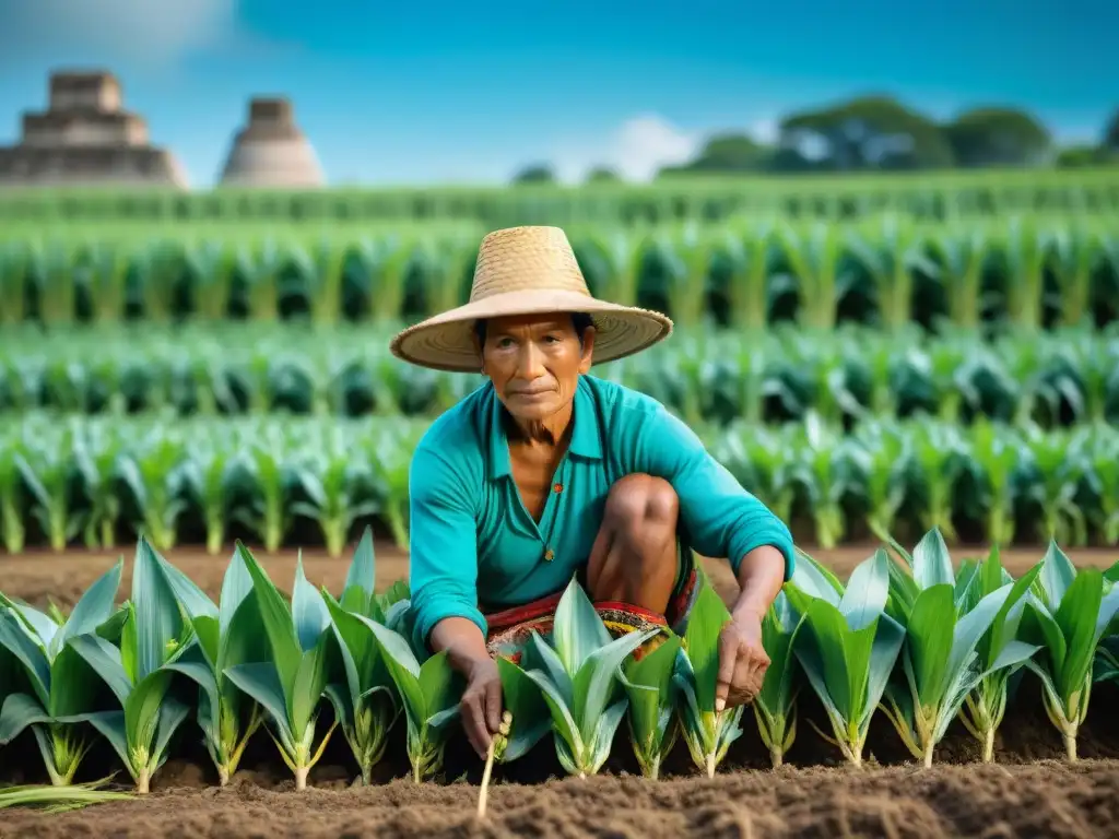 Un granjero maya planta maíz en un campo soleado