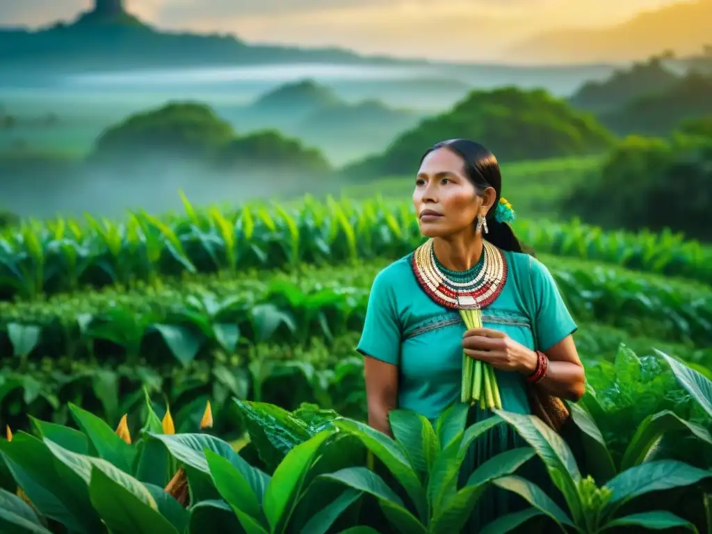 Un granjero maya en un campo vibrante, realizando un ritual de siembra bajo la guía de un chamán