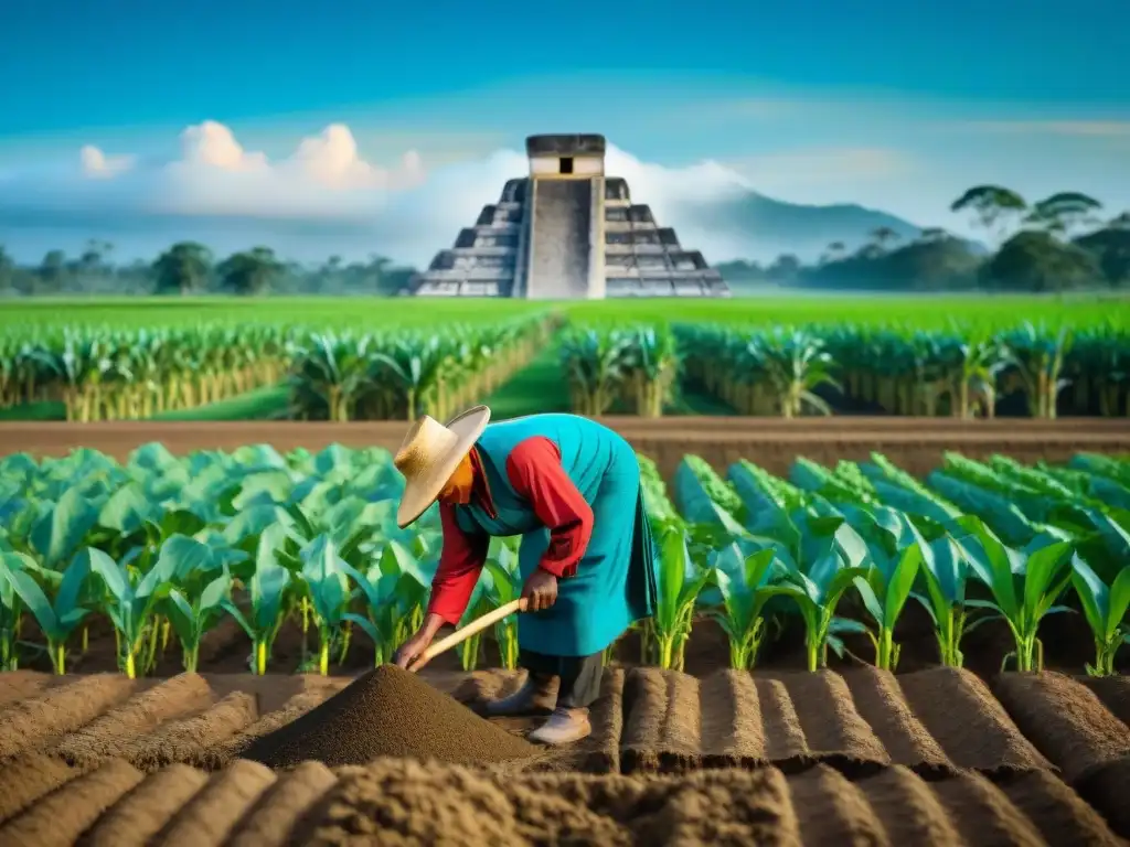 Un granjero maya planta maíz con detalle, entre ruinas y un campo verde, bajo un cielo azul