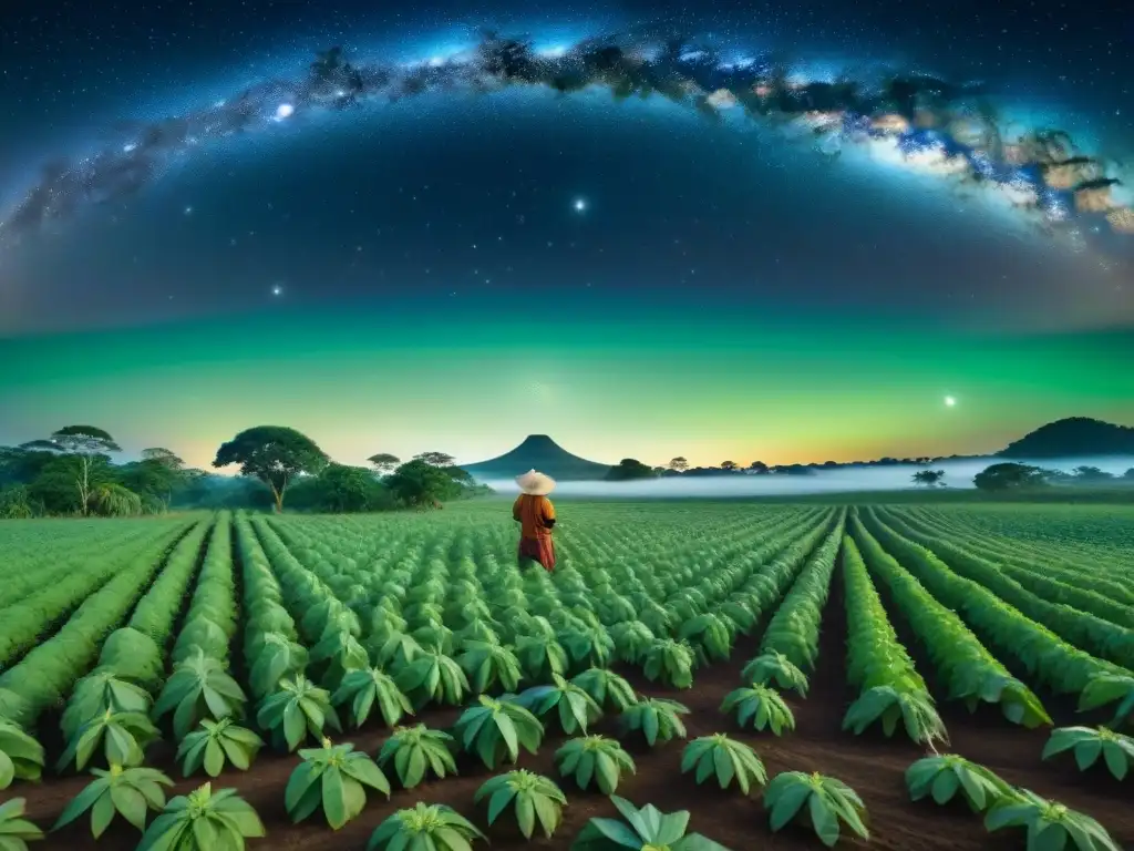 Campesino Maya estudiando las estrellas para agricultura Un granjero maya estudia las estrellas para planificar la siembra y cosecha en un campo verde