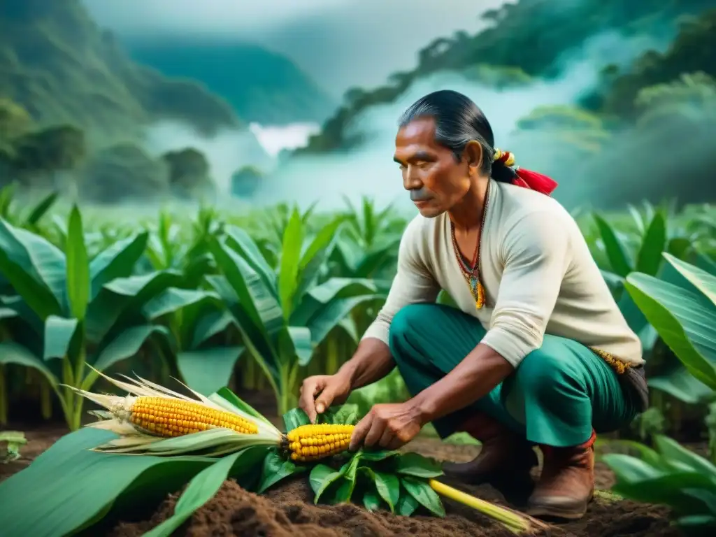 Un granjero maya cuidando su milpa, mostrando la adaptación al cambio climático maya con técnicas tradicionales y biodiversidad