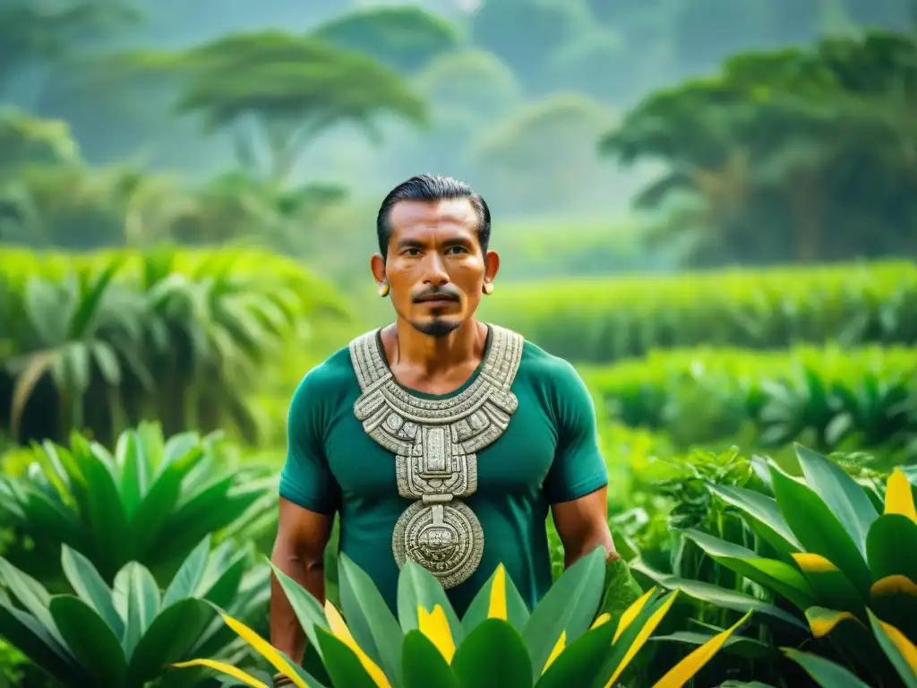 Un granjero maya tradicional cultiva en un campo verde exuberante con técnicas agrícolas ancestrales