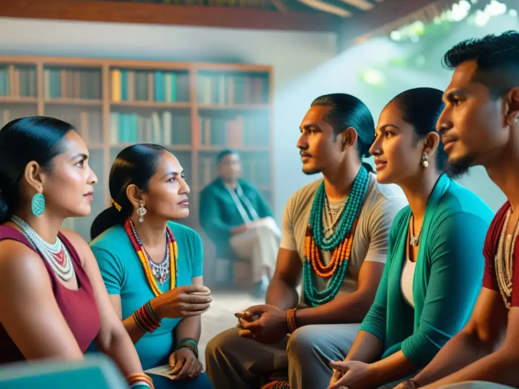 Un grupo de activistas de revitalización de lenguas mayas contemporáneas en un vibrante centro comunitario, inmersos en una apasionada conversación rodeados de libros y materiales educativos en diversos idiomas mayas