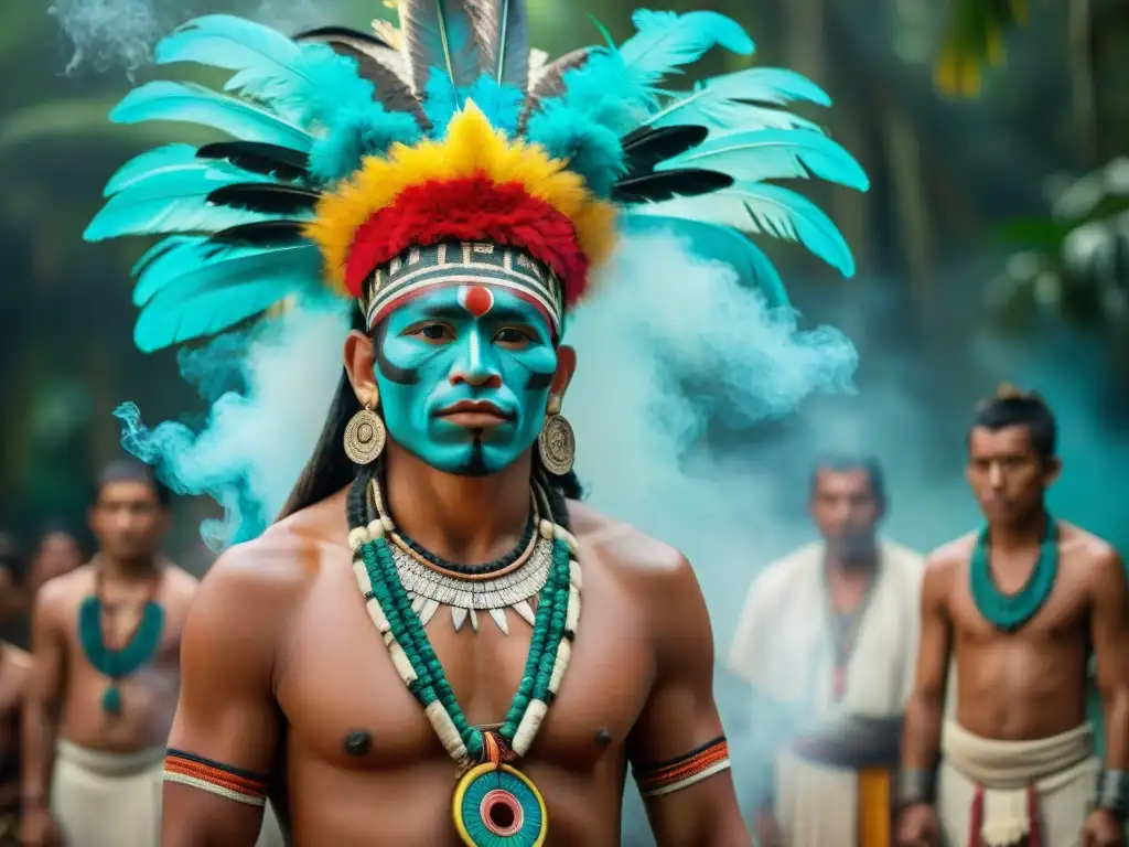 Un grupo de adolescentes guerreros mayas recibe bendiciones de un chamán antes de su iniciación en la densa selva