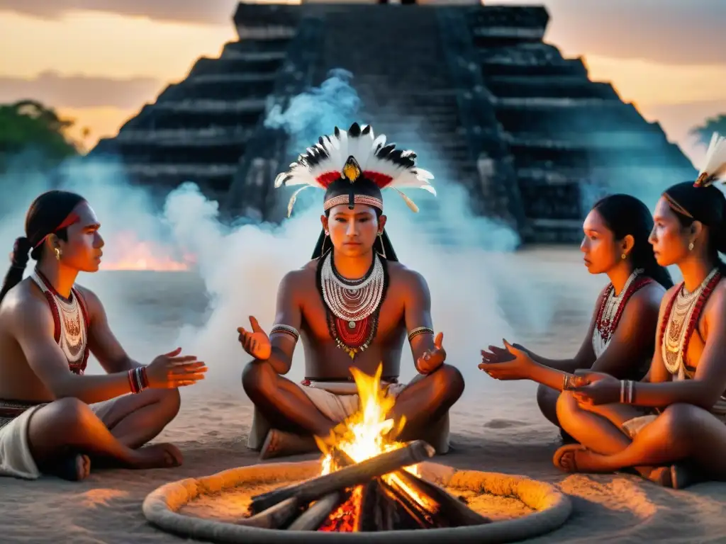 Grupo de adolescentes mayas en rituales de iniciación, rodeando fogata con chaman