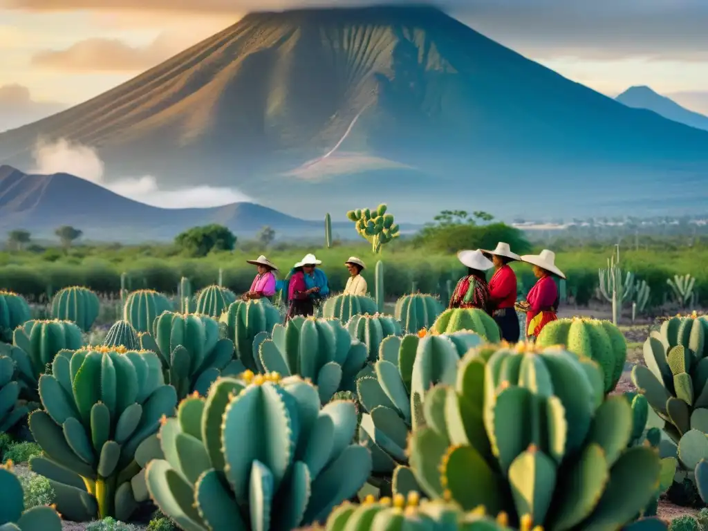 Un grupo de agricultores indígenas cuida con esmero un vibrante campo de nopal bajo el brillante sol mexicano