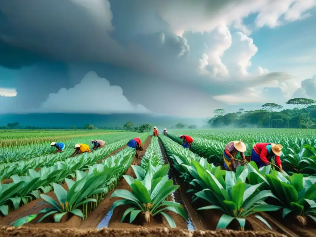 Un grupo de agricultores mayas plantan maíz en un campo soleado, mostrando adaptación al cambio climático maya