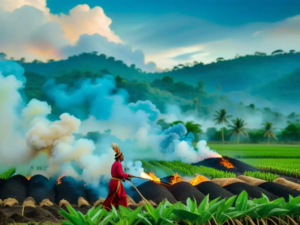 Grupo de agricultores mayas en campo verde, realizando manejo del fuego con destreza y enfoque