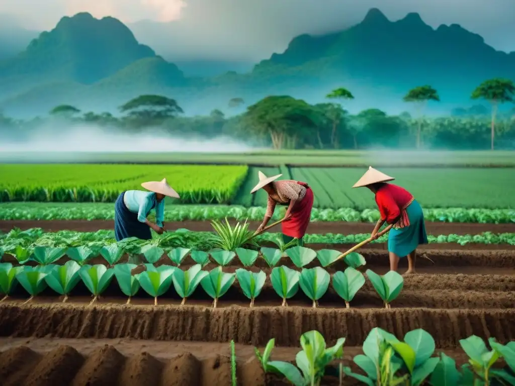 Grupo de agricultores mayas plantando cultivos resilientes en campo seco, mostrando adaptación al cambio climático maya