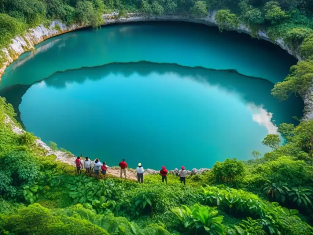 Grupo de agricultores mayas junto a un cenote, destacando la importancia de estos en la agricultura