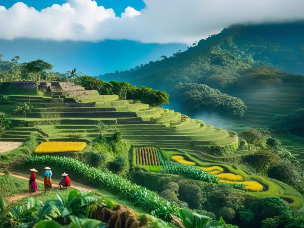 Grupo de agricultores mayas preservando la tierra con antiguas técnicas de conservación en terrazas verdes, cultivando maíz, frijoles y calabaza