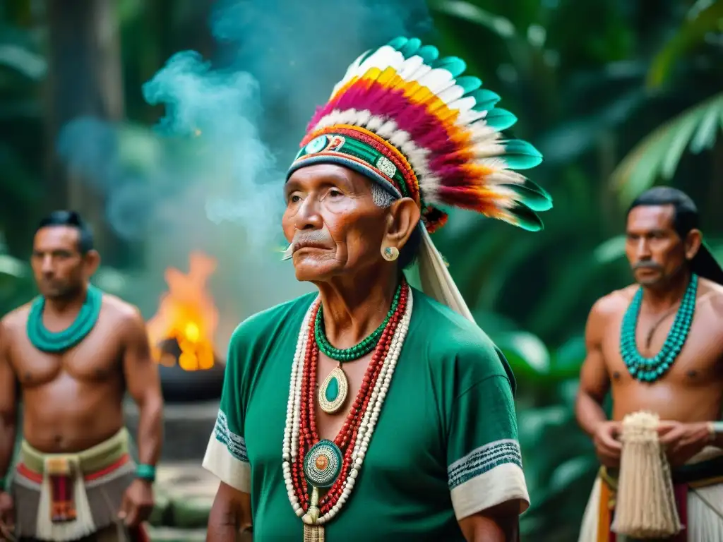 Un grupo de ancianos mayas en atuendos ceremoniales detallados, rodeados de naturaleza exuberante y ruinas antiguas