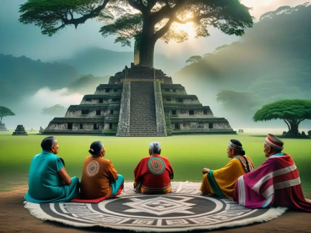Mayan Elders: Sabiduría y Resiliencia en la Selva Guatemalteca Grupo de ancianos mayas bajo un ceiba, reflejando la vitalidad de las lenguas mayas